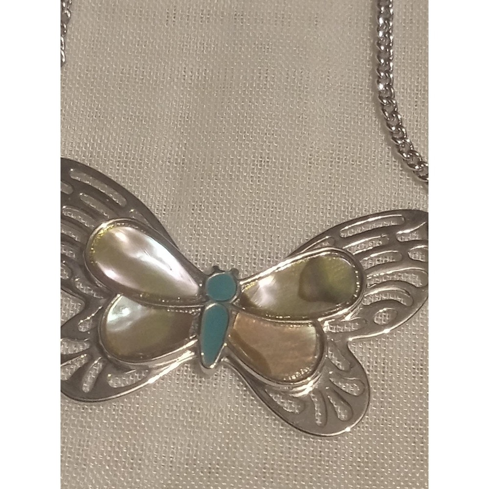 Vintage Artistry Butterfly Abalone Inlaid Wings Silver Tone Necklace 16" Signed